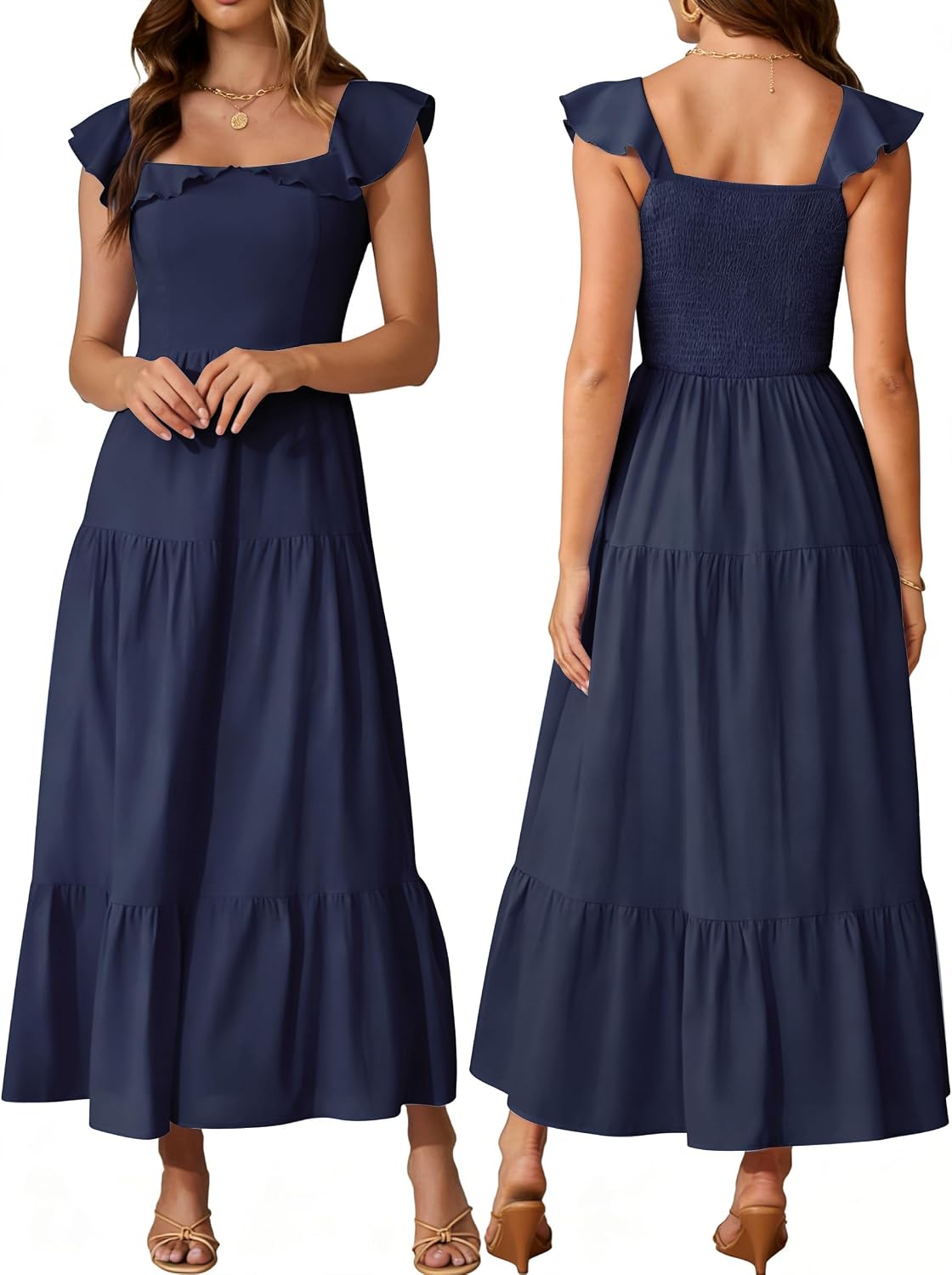 AUMORA Womens Summer Sleeveless Maxi Dress Square Neck | Smocked Backless, Ruffle Boho Flowy, A-Line Beach Dress, Vacation Resort Wear Outfits