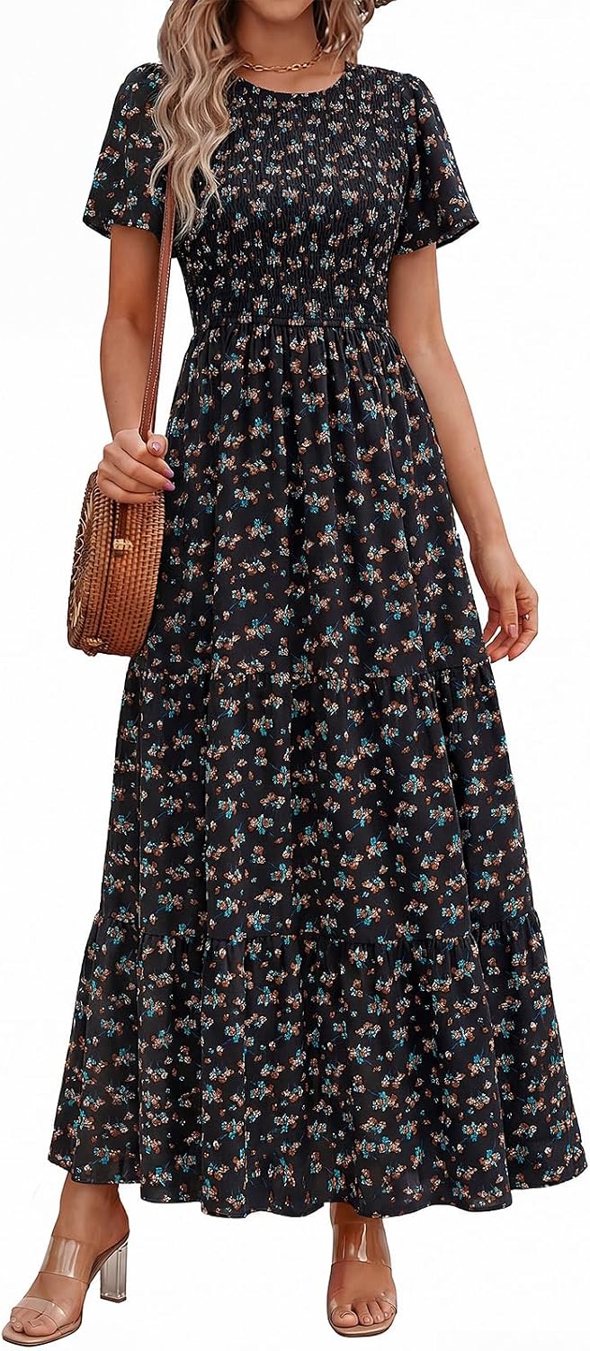 PRETTYGARDEN Women's 2026 Summer Casual Flutter Sleeve Floral Maxi Dress | Crew Neck Short Sleeve Dress, Smocked Top High Waisted Wedding Guest Dresses for Women, Tiered Hem Flowy Boho Long Dresses