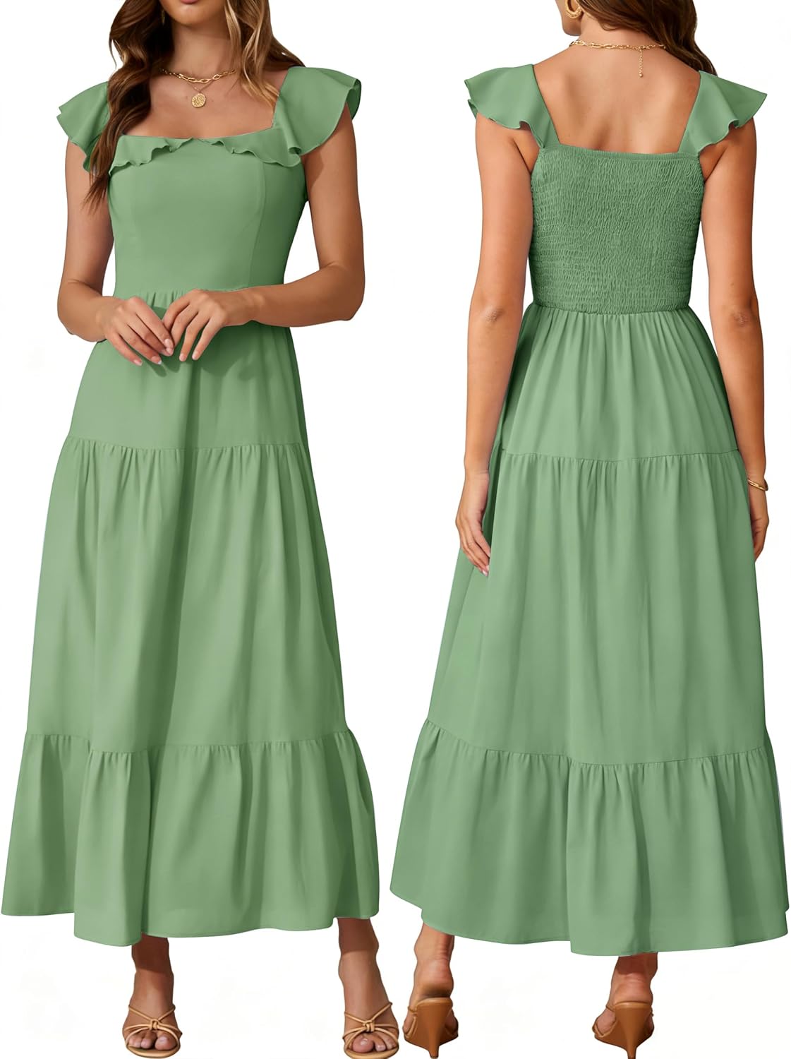 AUMORA Womens Summer Sleeveless Maxi Dress Square Neck | Smocked Backless, Ruffle Boho Flowy, A-Line Beach Dress, Vacation Resort Wear Outfits