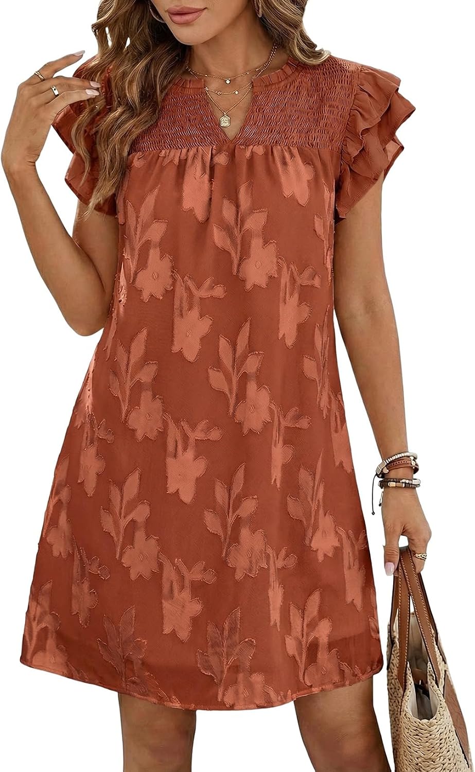 Dokotoo Womens Summer Dresses 2026 Ruffle Short Sleeve Casual V Neck Smocked Floral Burnout Mini Dress Sundress