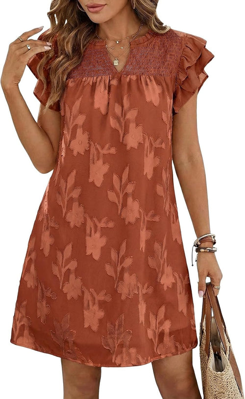 Dokotoo Womens Summer Dresses 2026 Ruffle Short Sleeve Casual V Neck Smocked Floral Burnout Mini Dress Sundress