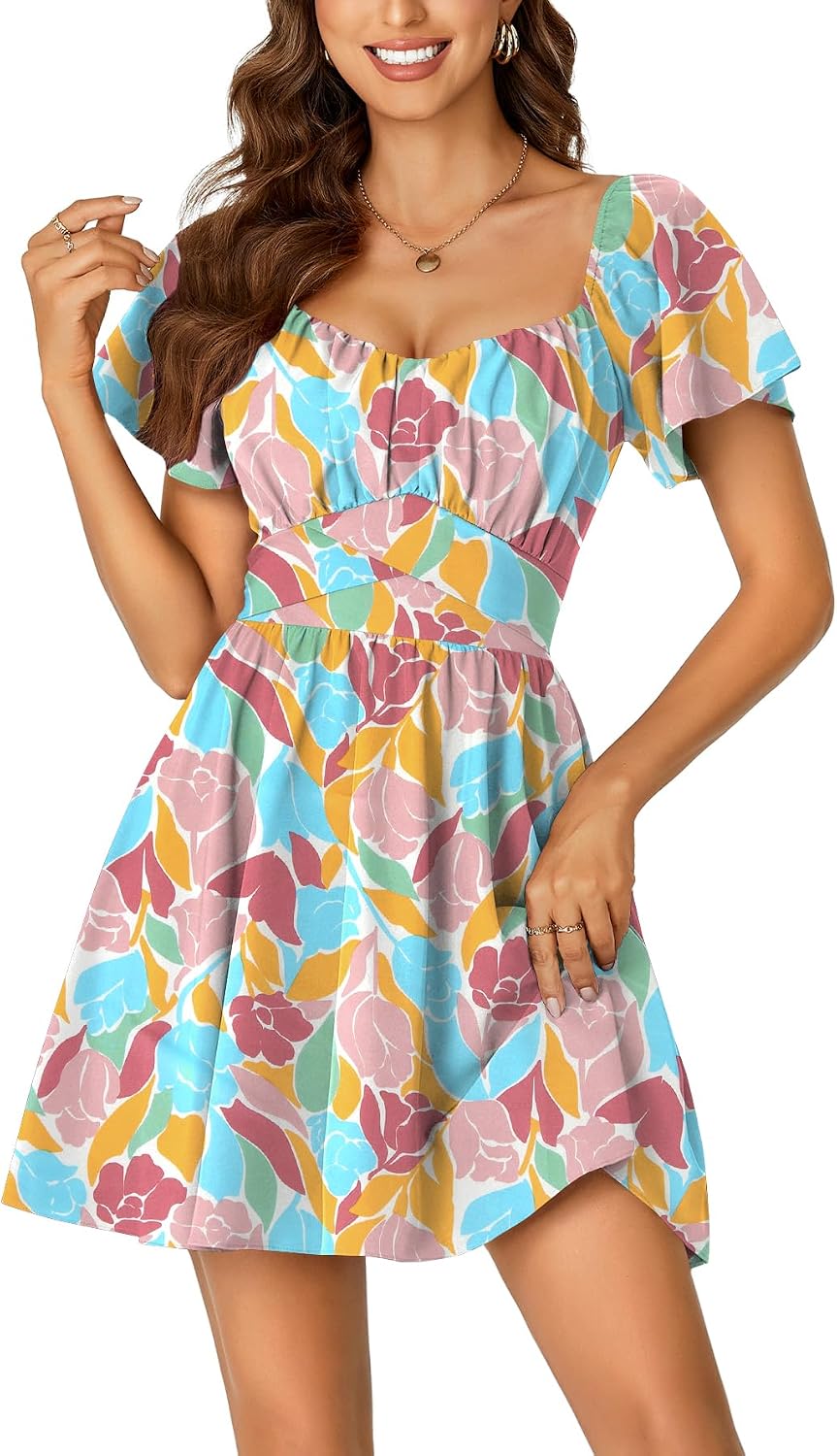 Rooscier Women's Tie Back Short Sleeve Mini Dress | Square Neck Wrap Ruffle Sleeve Flare Dresses
