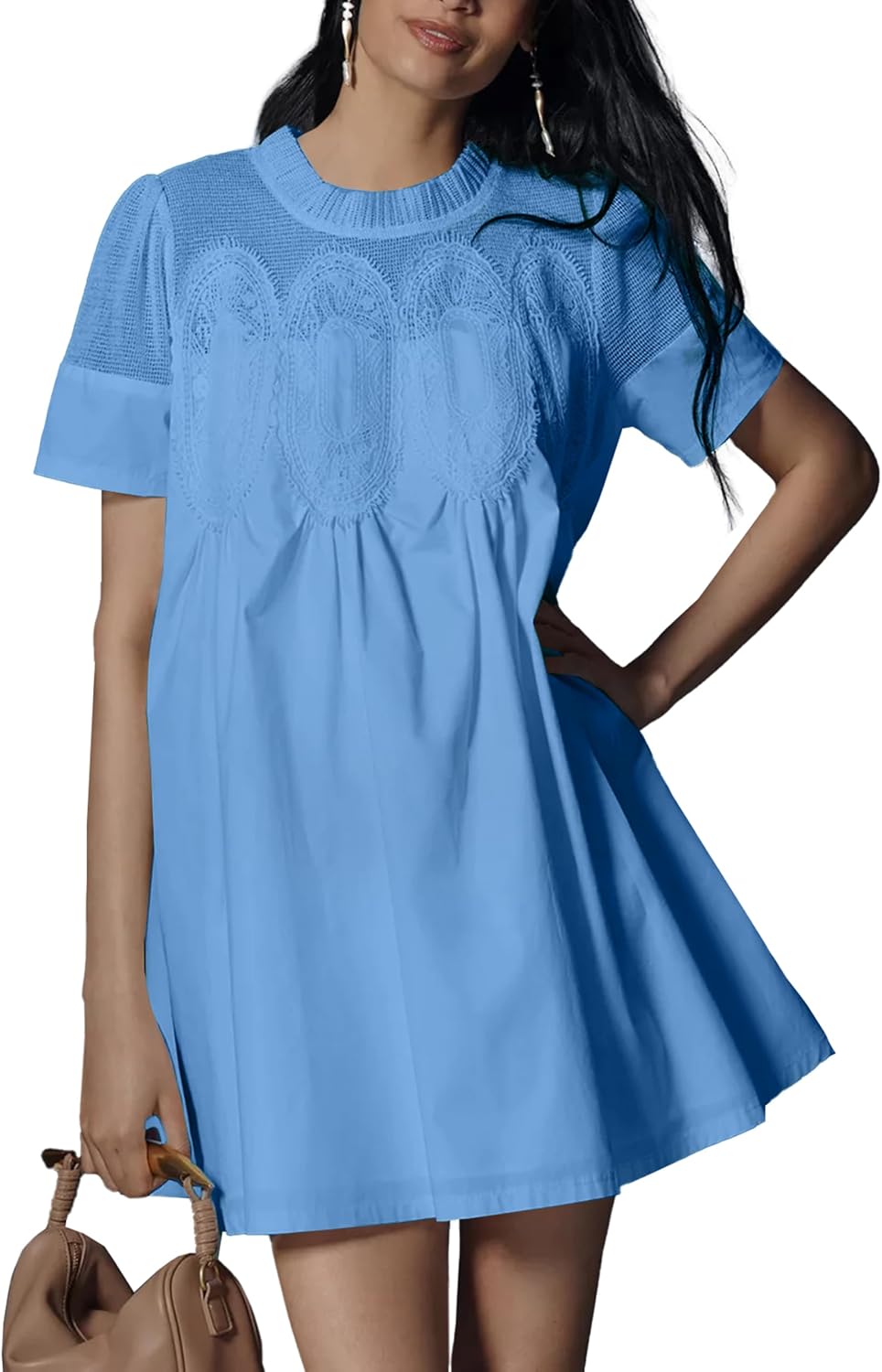 Shiyifa Womens Lace Babydoll Mini Dresses Summer Short Sleeve Sundress | A-Line Baby doll Dress with Lining, Sheer Mesh Patchwork, 2 Pockets, Boho Ruffled Sundress for Daily, Beach and Vacation