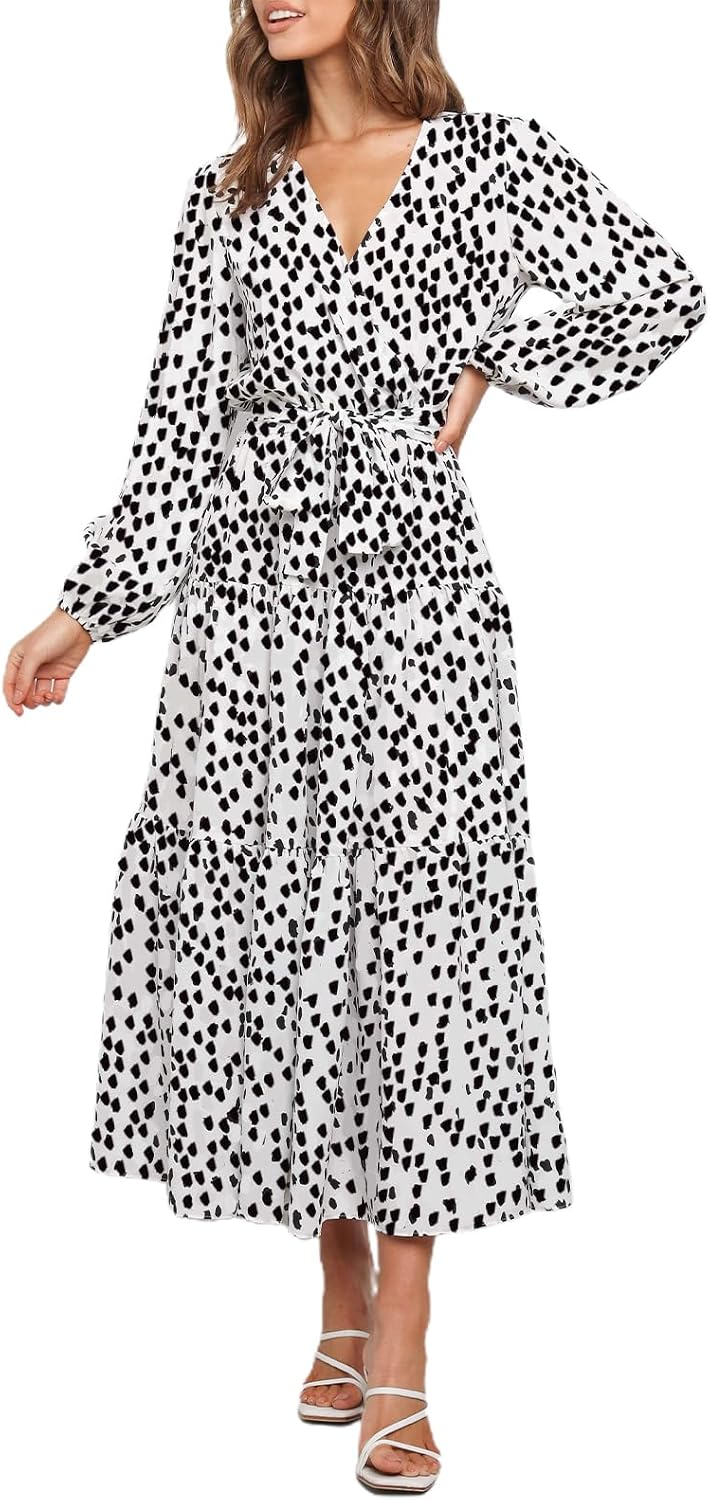 PRETTYGARDEN Womens Long Sleeve Boho Floral Wrap Maxi Dress | Fall Wedding Guest Dresses 2026, Chiffon Flowy Long Dresses, Casual Tie Waist V Neck Dress, Modest A Line Ruffle Tiered Dress