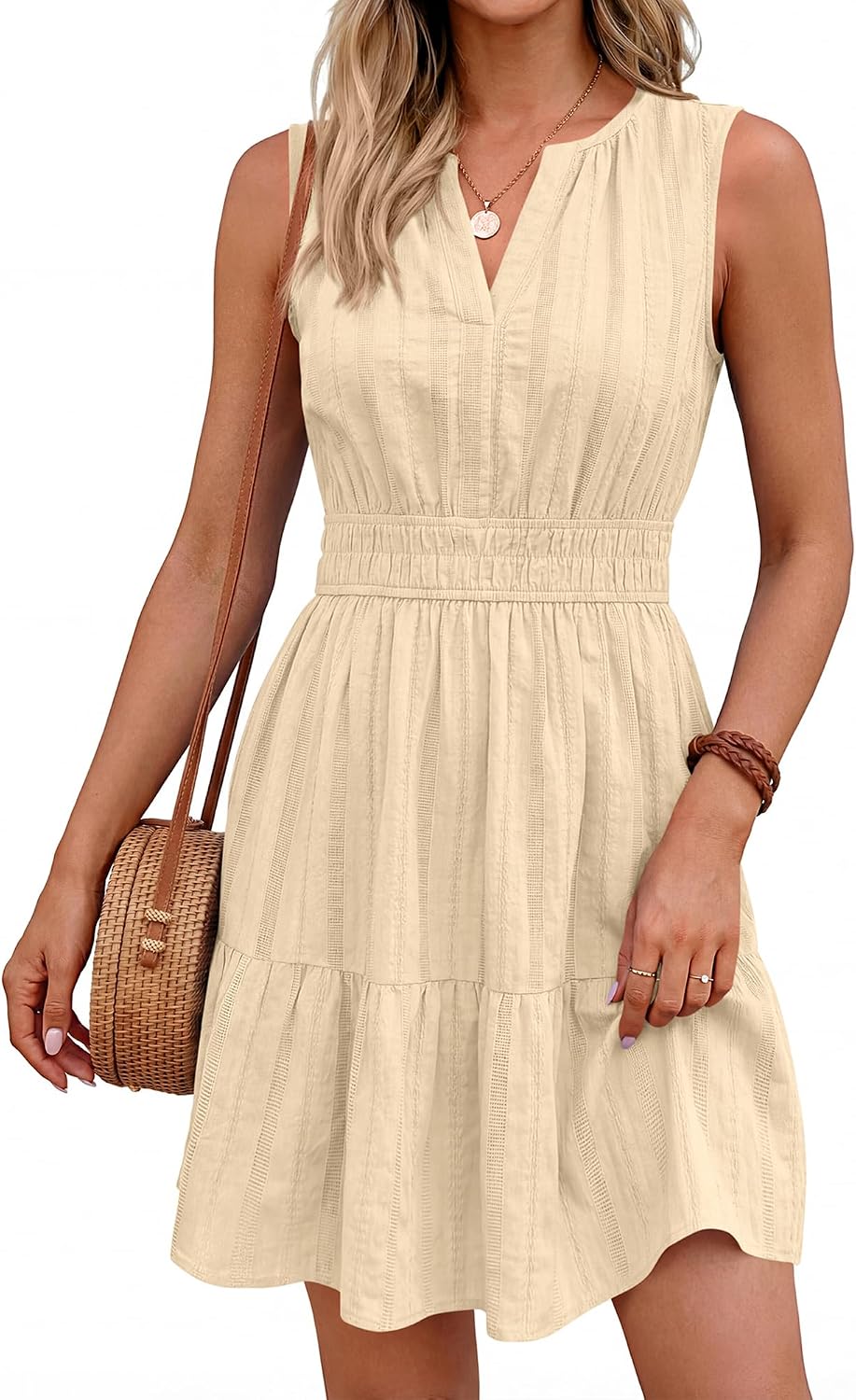 BTFBM Womens Summer 2026 Casual Mini Sundress | Lightweight Sleeveless V Neck,Elastic Waist Flowy A Line Dress,Wedding Guest Dresses Pockets,Cute Boho Beach Vacation Outfits