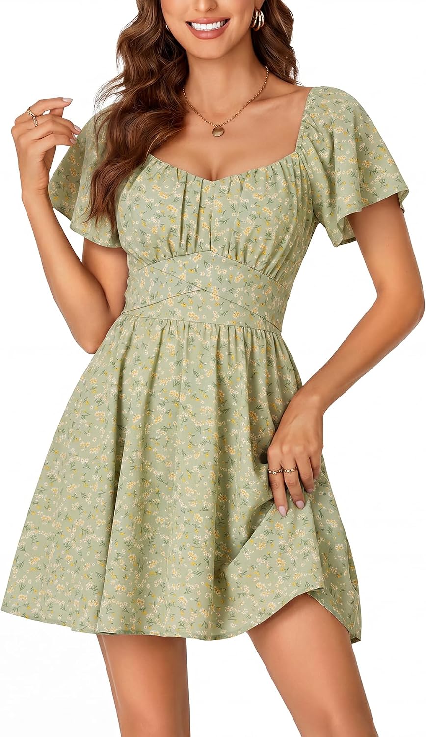 Rooscier Women's Tie Back Short Sleeve Mini Dress | Square Neck Wrap Ruffle Sleeve Flare Dresses