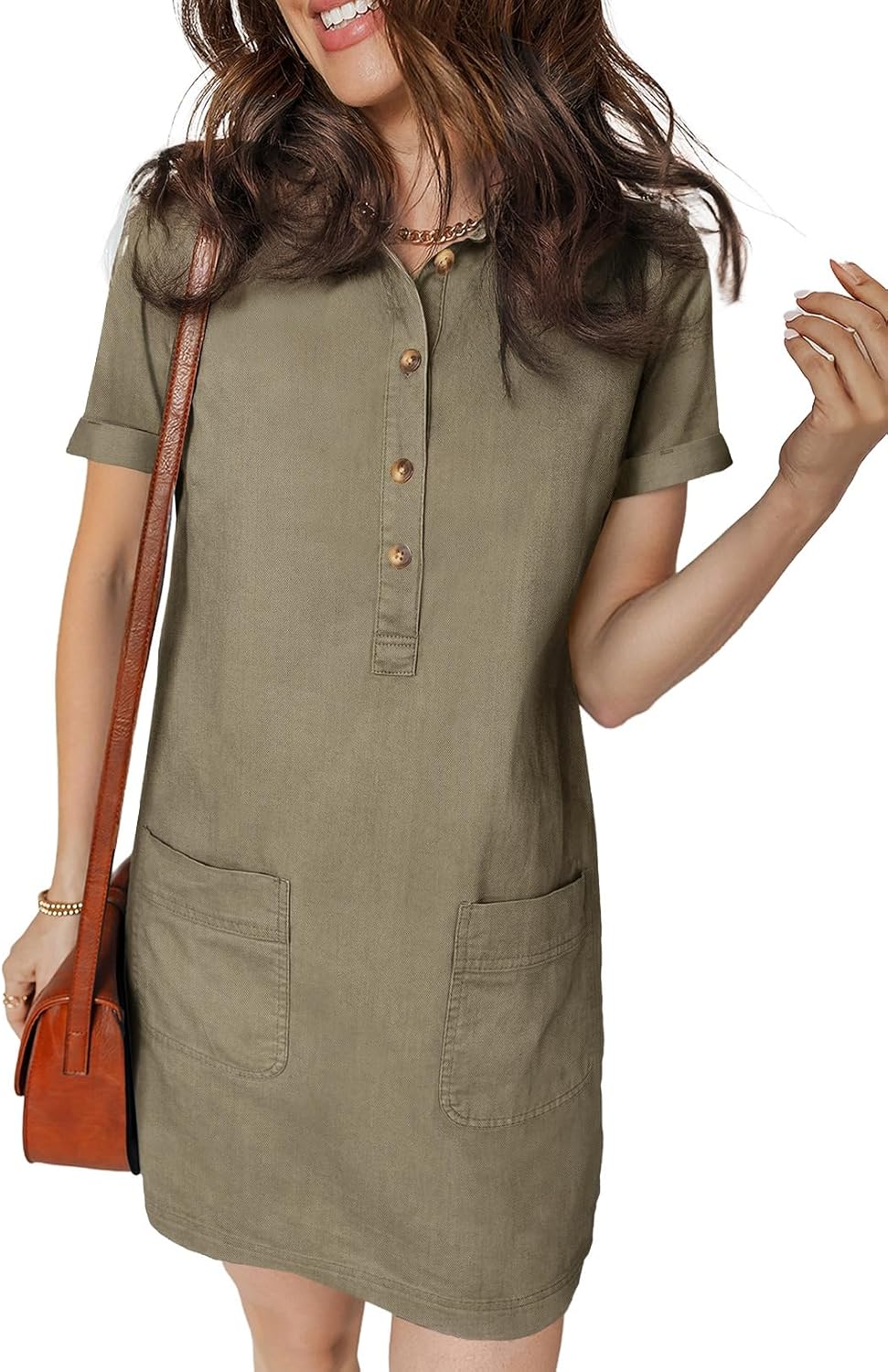 Sidefeel Womens Denim Dress Casual A Line Trendy Mini Jean Dress | Lapel Collar, Partial Button Placket, Short Cuffed Sleeves, Patch Pockets, Above Knee, Trendy Lightweight Summer Shirt Dress