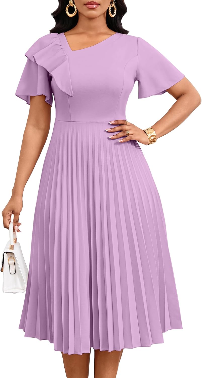 Nmoder Pleated Dress Women Ruffle Short Sleeve Church A Line Midi Dresses | Asymmetrical V-neck, back hidden zipper, drape well and stretch fabric for flattering fit, summer midi length for semi formal