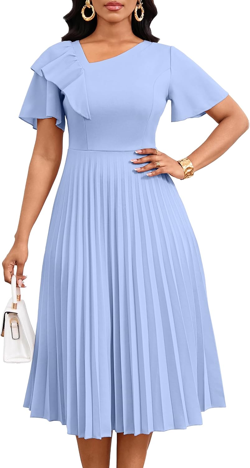 Nmoder Pleated Dress Women Ruffle Short Sleeve Church A Line Midi Dresses | Asymmetrical V-neck, back hidden zipper, drape well and stretch fabric for flattering fit, summer midi length for semi formal
