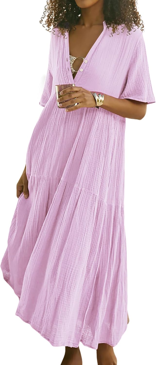 R.Vivimos Womens Summer Cotton Casual Flowy Maxi Dress | Short Sleeve, V Neck, Empire Waist, Boho Tiered Ruffle, Beach Vacation Loose Long Dresses