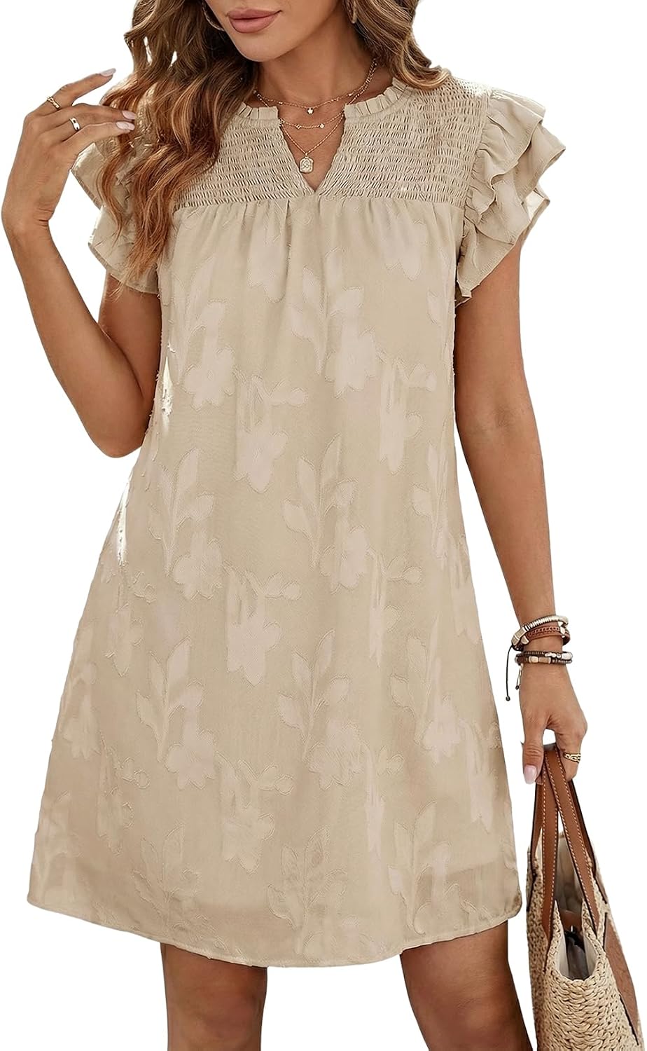 Dokotoo Womens Summer Dresses 2026 Ruffle Short Sleeve Casual V Neck Smocked Floral Burnout Mini Dress Sundress