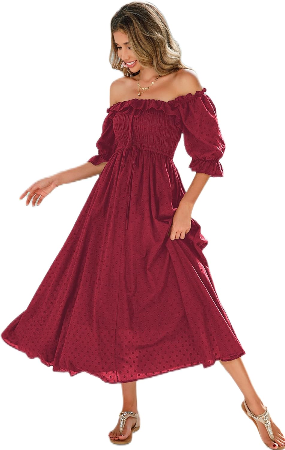 R.Vivimos Women Summer Cotton A Line Flowy Long Dresses | Half Sleeve, Ruffled, Vintage Elegant, Smocked Backless Dress, Maternity Shoot, Baby Shower, Casual Vacation Outfits