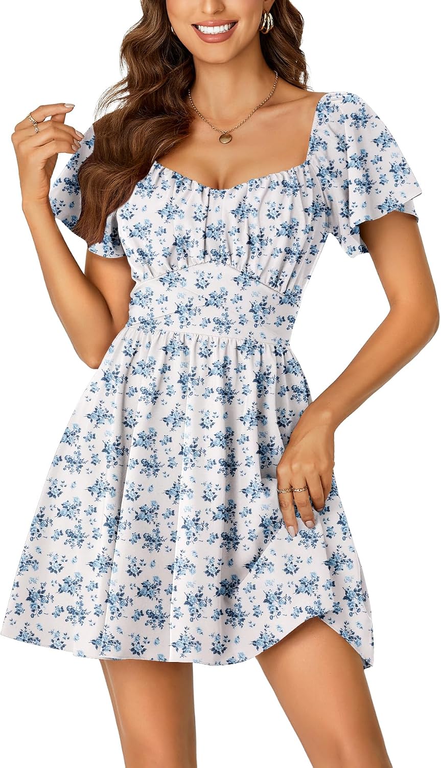 Rooscier Women's Tie Back Short Sleeve Mini Dress | Square Neck Wrap Ruffle Sleeve Flare Dresses