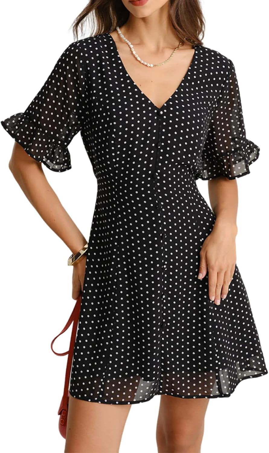 RIHOAS Women's Polka Dot Mini Dress - Deep V Neck High Waisted A-Line Dress with Ruched & Flounce