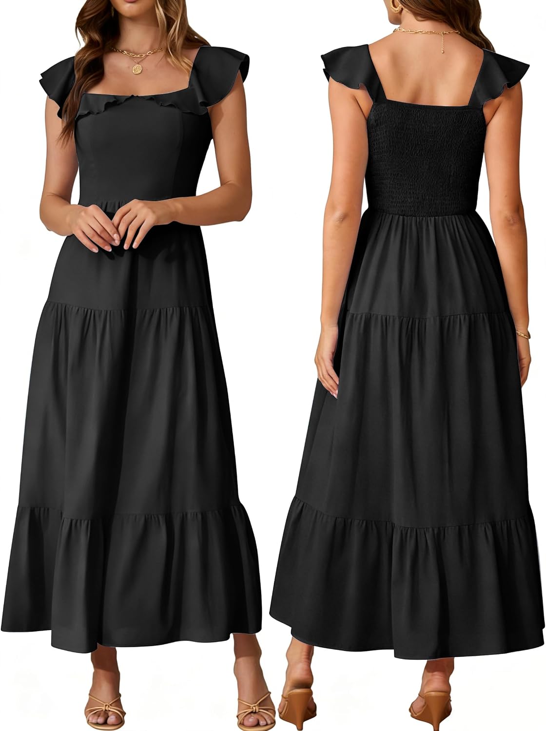 AUMORA Womens Summer Sleeveless Maxi Dress Square Neck | Smocked Backless, Ruffle Boho Flowy, A-Line Beach Dress, Vacation Resort Wear Outfits