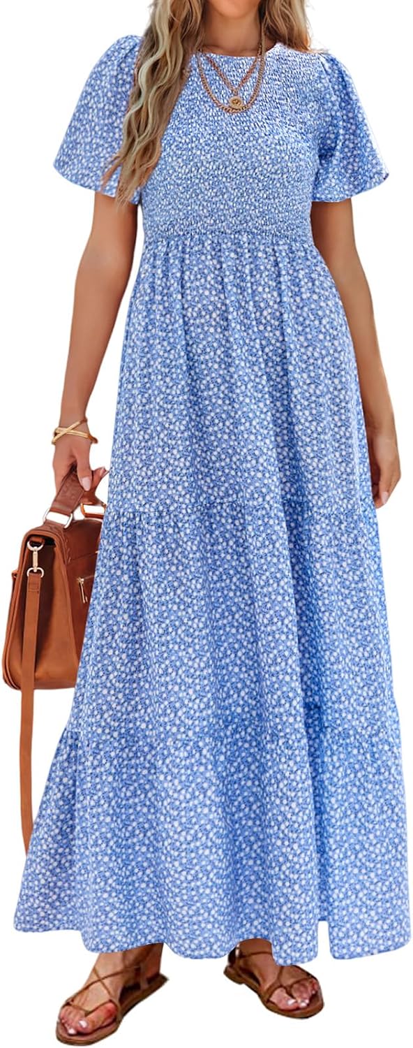 PRETTYGARDEN Women's 2026 Summer Casual Flutter Sleeve Floral Maxi Dress | Crew Neck Short Sleeve Dress, Smocked Top High Waisted Wedding Guest Dresses for Women, Tiered Hem Flowy Boho Long Dresses