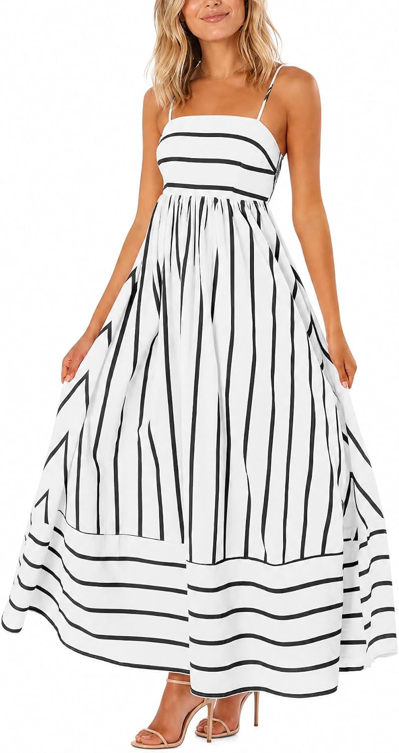 chouyatou Women's Striped Back Smocked Maxi Dress Sexy Spaghetti Strap Cut Out Flowy Swing Long Dress