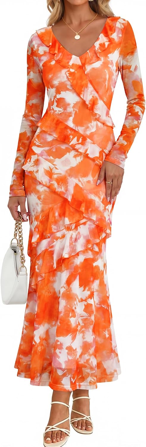ZESICA Wedding Guest Dresses for Women Fall Long Sleeve Floral Maxi Dress | 2026 Early Fall Fashion, Bodycon, V Neck, Mesh Fabric, Tiered Ruffle, Boho Long Dress, Baby Shower, Cocktail, Bridal Dress