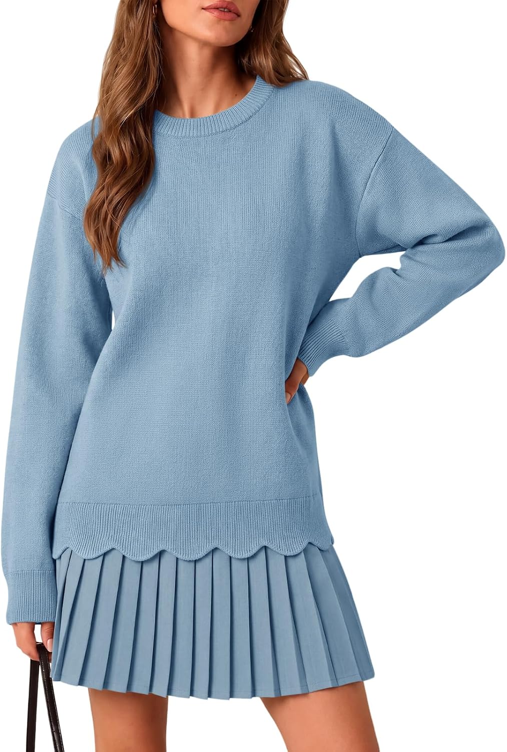 Saodimallsu Womens Pleated Sweater Dress Long Sleeve Crewneck Trendy Cute Loose Knit Fall Mini Dresses