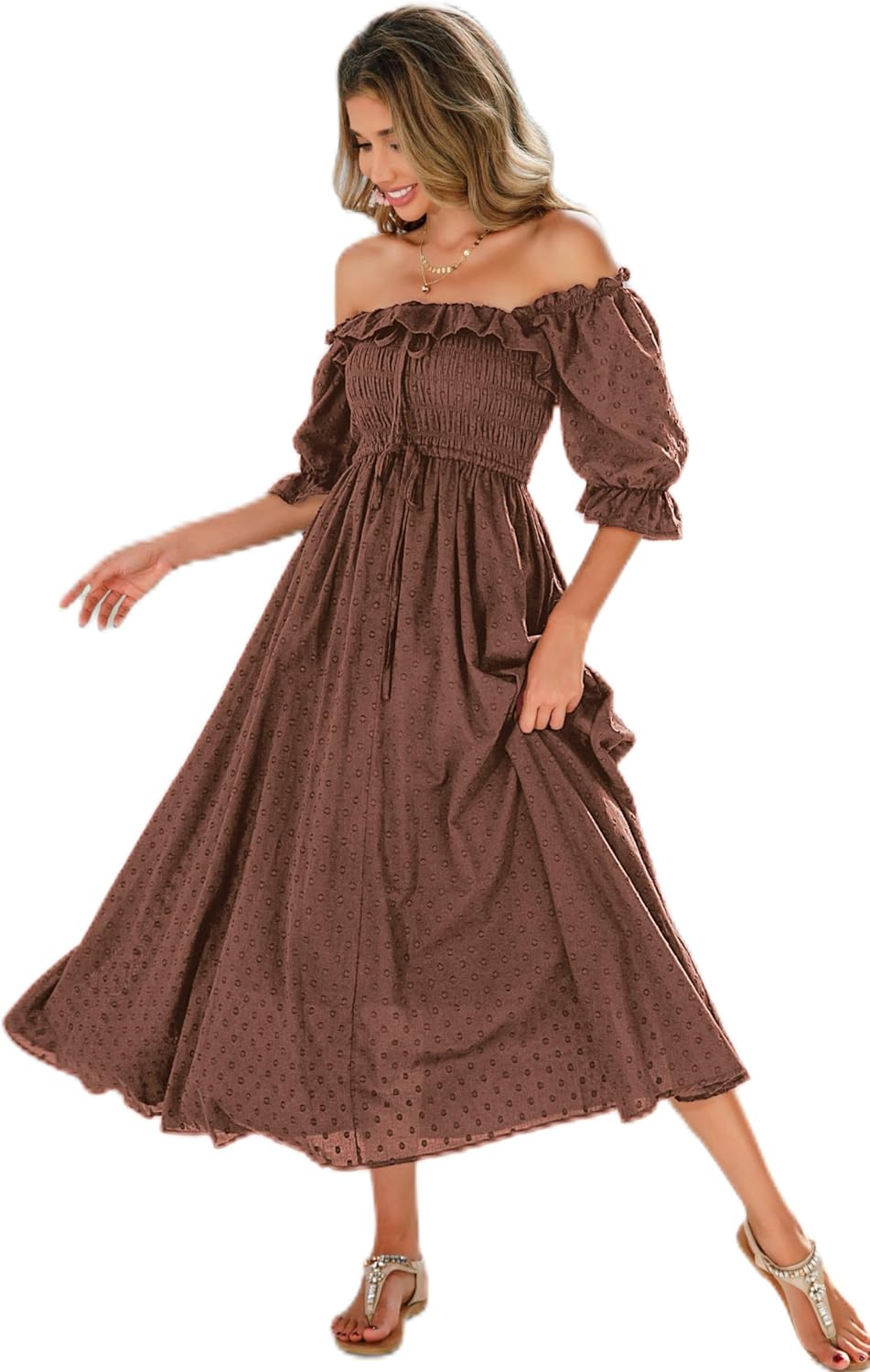 R.Vivimos Women Summer Cotton A Line Flowy Long Dresses | Half Sleeve, Ruffled, Vintage Elegant, Smocked Backless Dress, Maternity Shoot, Baby Shower, Casual Vacation Outfits