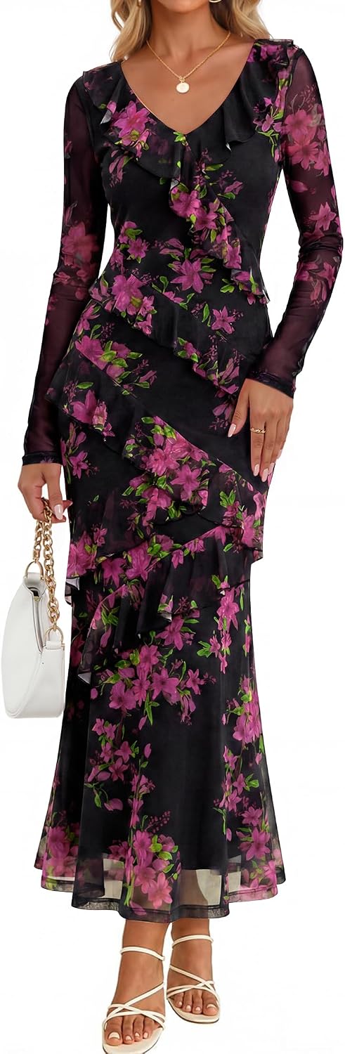 ZESICA Wedding Guest Dresses for Women Fall Long Sleeve Floral Maxi Dress | 2026 Early Fall Fashion, Bodycon, V Neck, Mesh Fabric, Tiered Ruffle, Boho Long Dress, Baby Shower, Cocktail, Bridal Dress