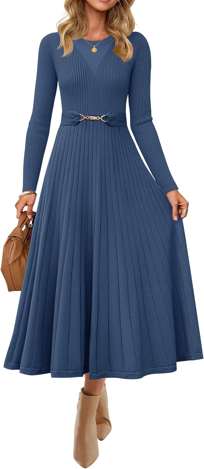 ZESICA Womens Fall Long Sleeve Pleated Midi Sweater Dresses | 2026 Fall Winter Clothes, Crewneck, Soft Knit Fabric, Removable Belted Waist, High Waist, Flowy A Line, Wedding Guest Dresses