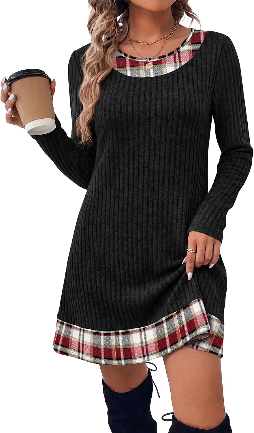 OFEEFAN Fall Dresses for Women 2026 Long Sleeve Sweater Dress Color Block | Side Pockets, Ribbed, Lightweight, Winter Clothing, Loose Fit