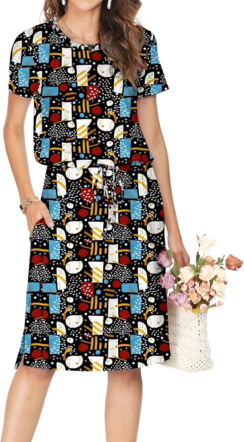 Simier Fariry Womens Summer Hide Belly Knee Length Travel Dress Pocket Short Sleeve Midi Work Casual Outfits