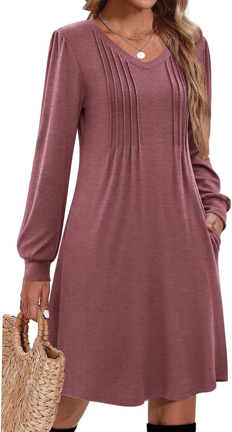 Zeagoo Fall Dresses for Women Long Sleeve Casual Pleated V Neck Dress 2026 A Line Tunic Dress