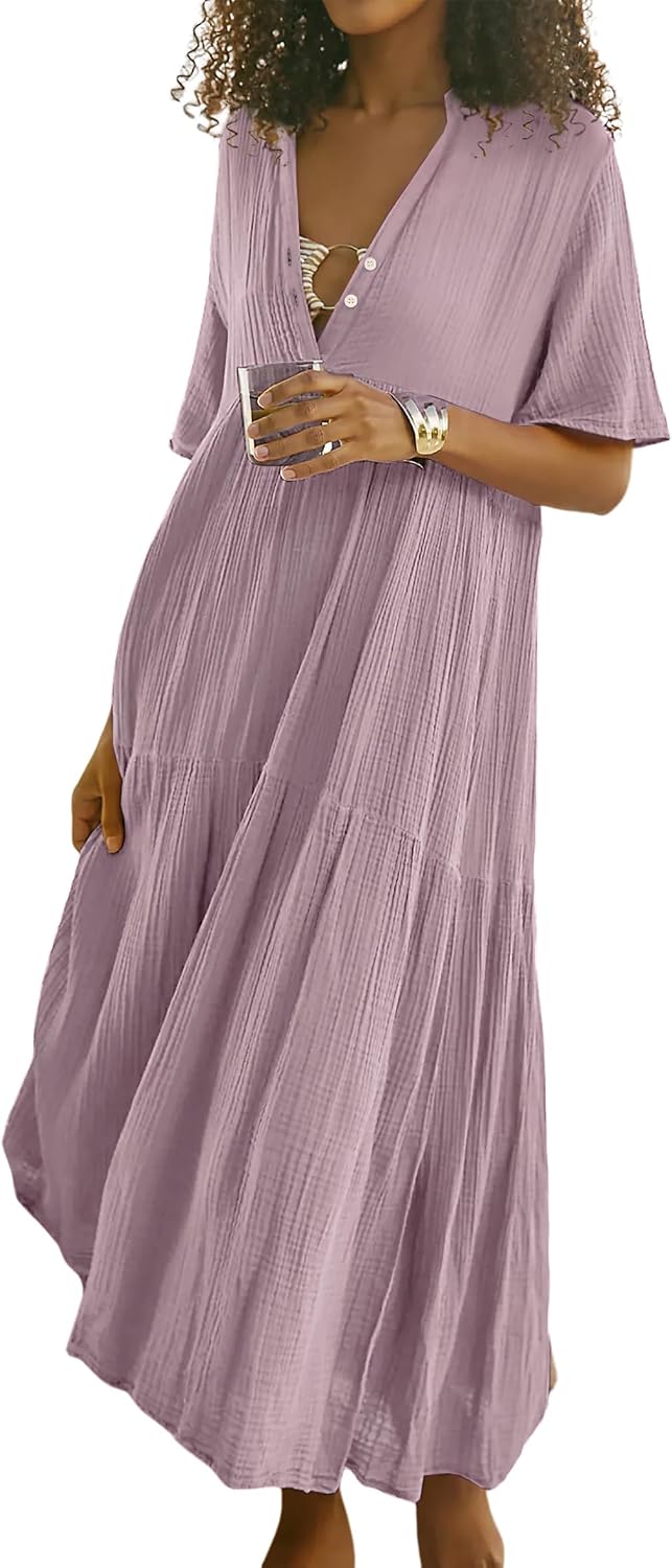 R.Vivimos Womens Summer Cotton Casual Flowy Maxi Dress | Short Sleeve, V Neck, Empire Waist, Boho Tiered Ruffle, Beach Vacation Loose Long Dresses