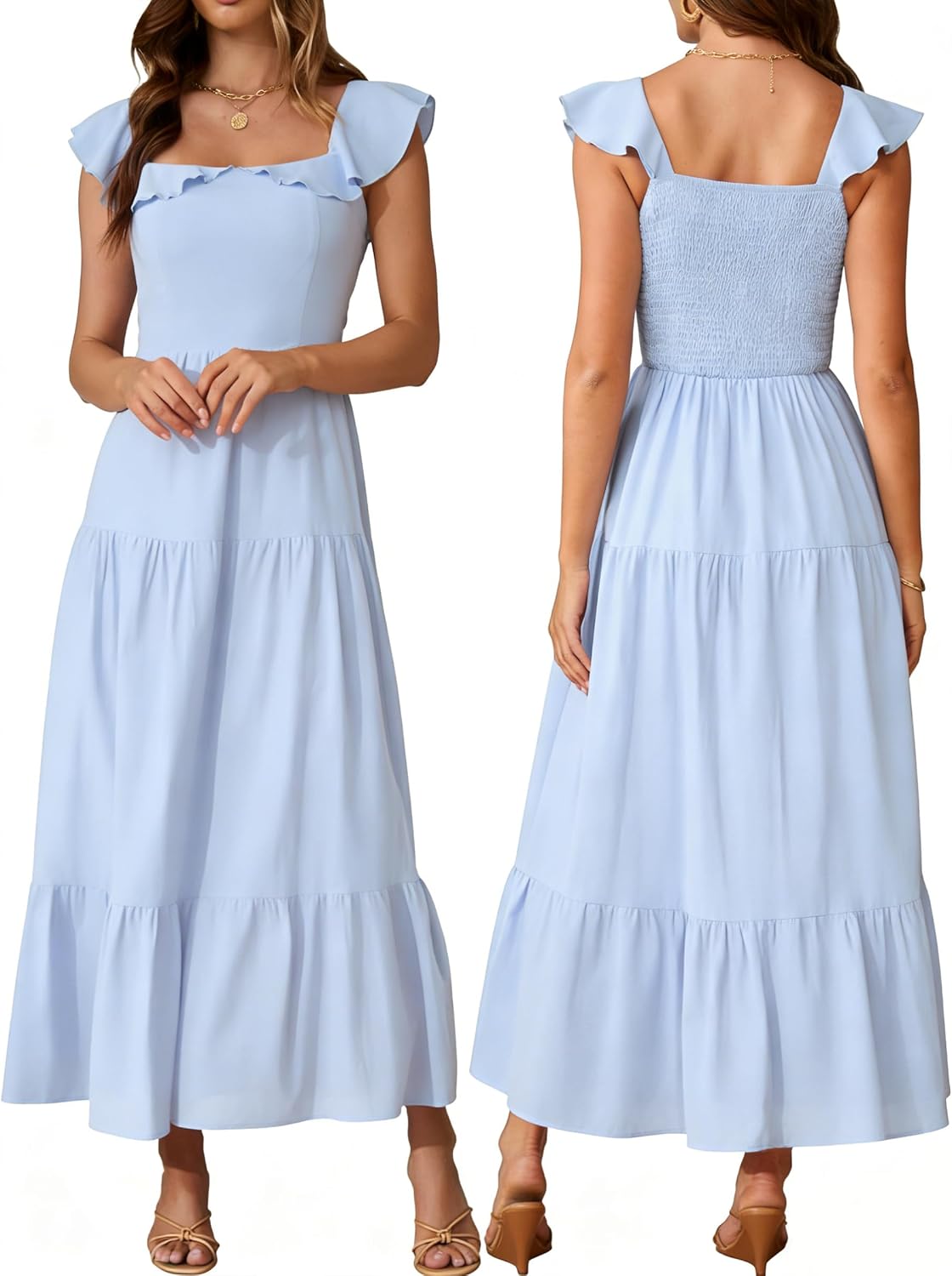 AUMORA Womens Summer Sleeveless Maxi Dress Square Neck | Smocked Backless, Ruffle Boho Flowy, A-Line Beach Dress, Vacation Resort Wear Outfits