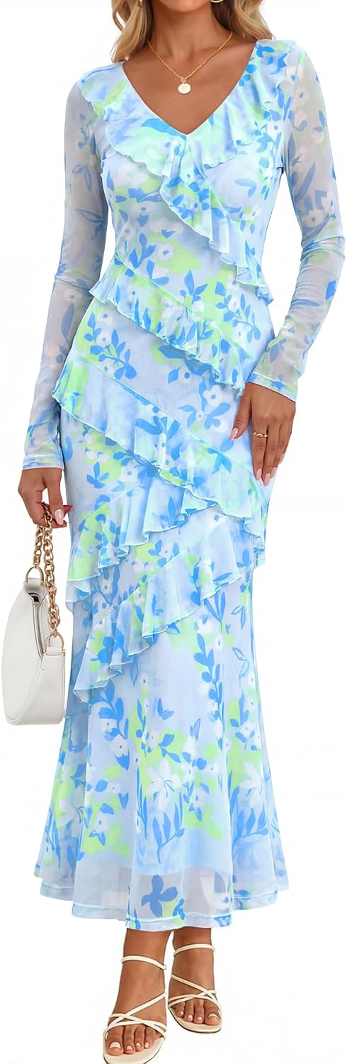 ZESICA Wedding Guest Dresses for Women Fall Long Sleeve Floral Maxi Dress | 2026 Early Fall Fashion, Bodycon, V Neck, Mesh Fabric, Tiered Ruffle, Boho Long Dress, Baby Shower, Cocktail, Bridal Dress