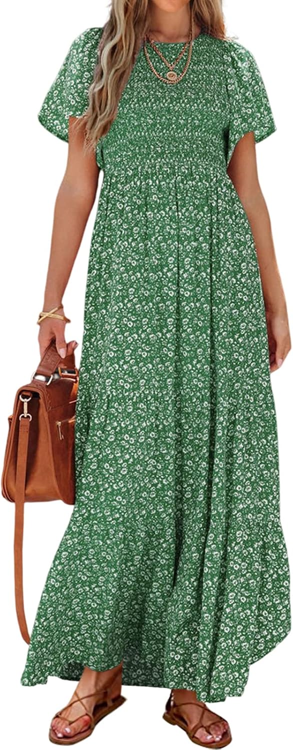 PRETTYGARDEN Women's 2026 Summer Casual Flutter Sleeve Floral Maxi Dress | Crew Neck Short Sleeve Dress, Smocked Top High Waisted Wedding Guest Dresses for Women, Tiered Hem Flowy Boho Long Dresses