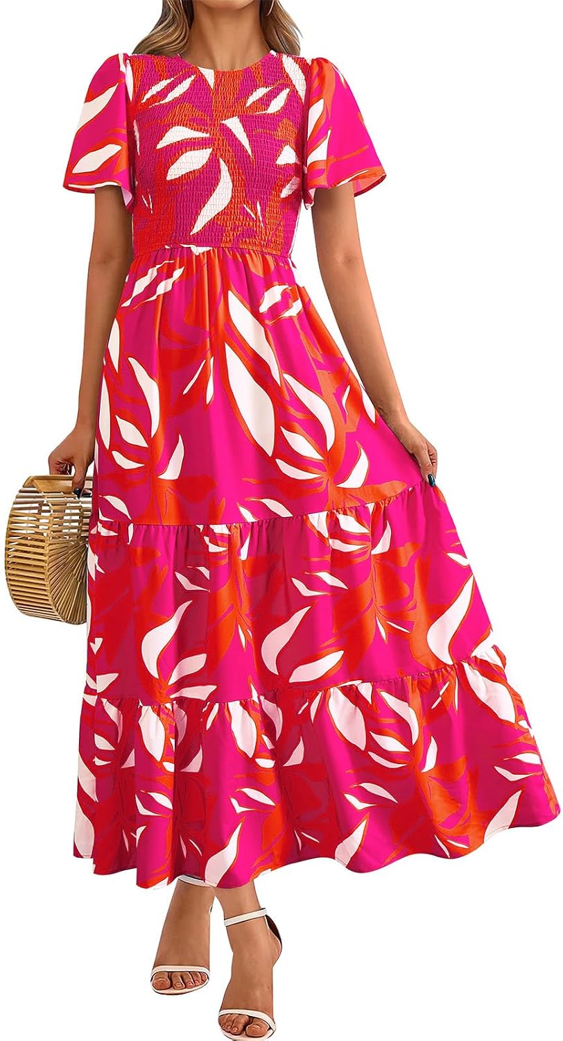 PRETTYGARDEN Women's 2026 Summer Casual Flutter Sleeve Floral Maxi Dress | Crew Neck Short Sleeve Dress, Smocked Top High Waisted Wedding Guest Dresses for Women, Tiered Hem Flowy Boho Long Dresses