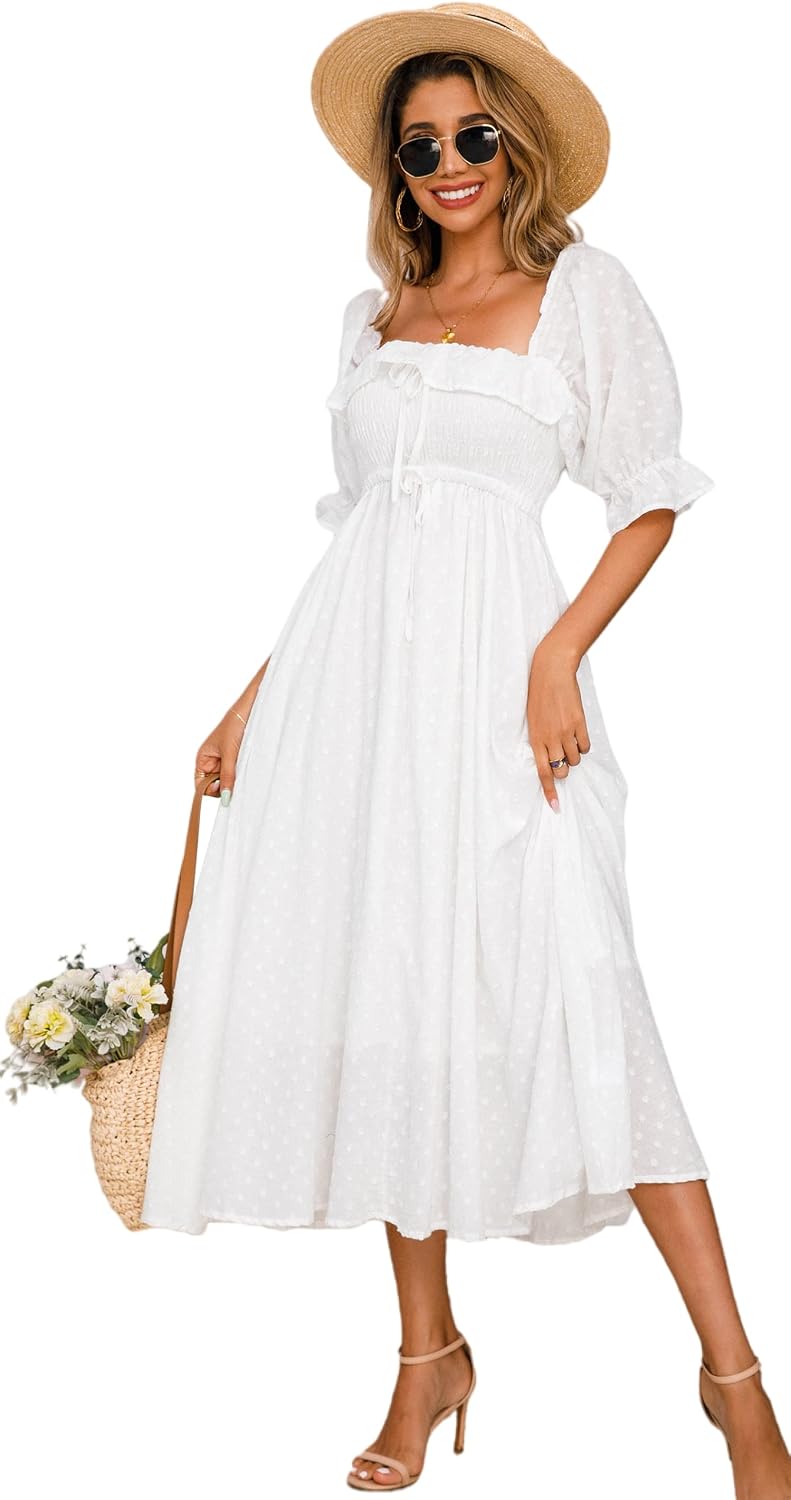 R.Vivimos Women Summer Cotton A Line Flowy Long Dresses | Half Sleeve, Ruffled, Vintage Elegant, Smocked Backless Dress, Maternity Shoot, Baby Shower, Casual Vacation Outfits