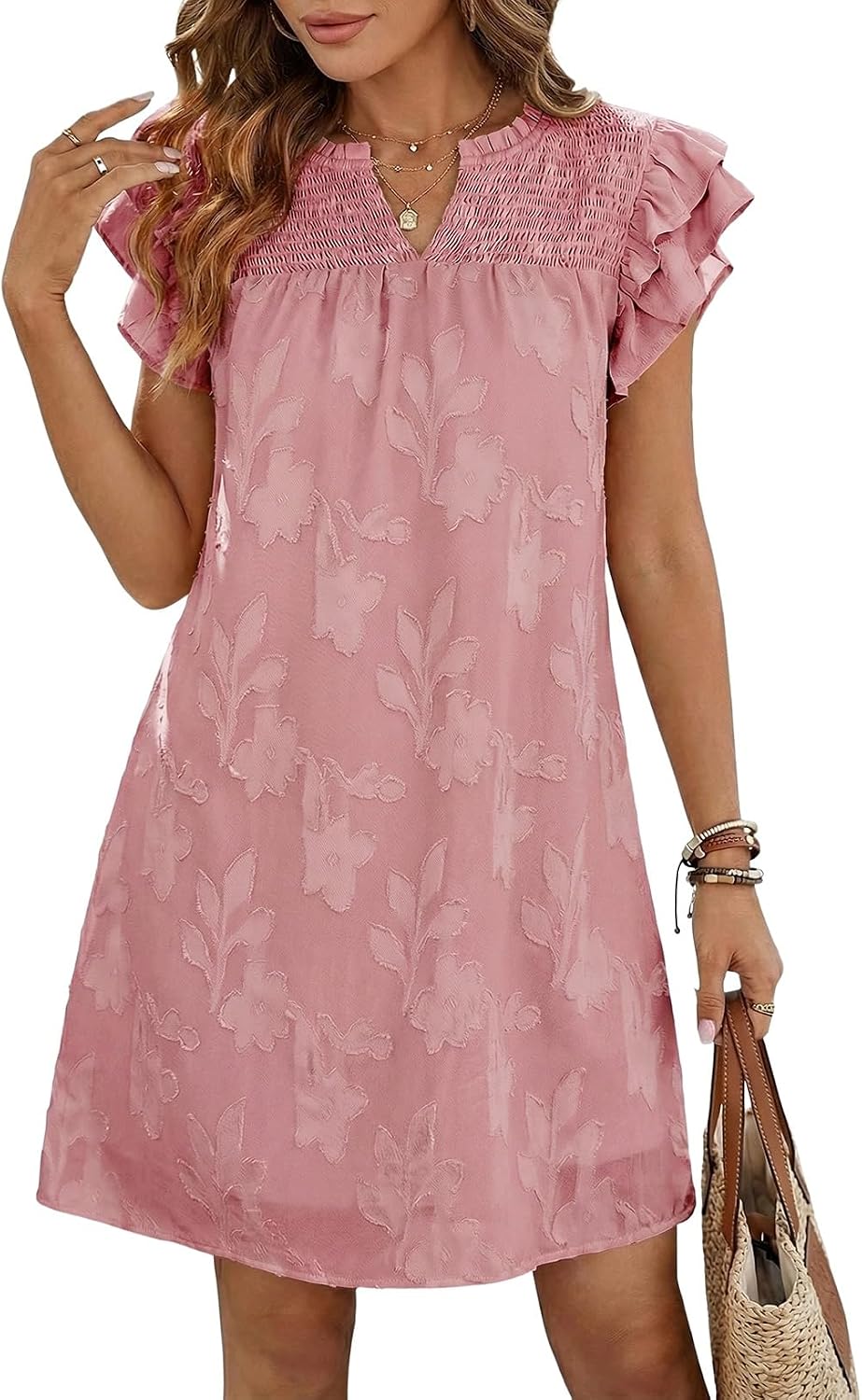 Dokotoo Womens Summer Dresses 2026 Ruffle Short Sleeve Casual V Neck Smocked Floral Burnout Mini Dress Sundress