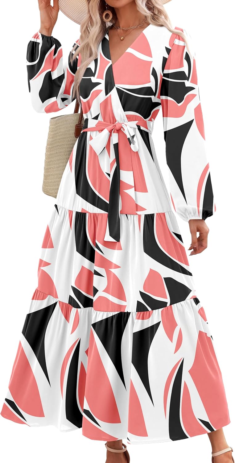 PRETTYGARDEN Womens Long Sleeve Boho Floral Wrap Maxi Dress | Fall Wedding Guest Dresses 2026, Chiffon Flowy Long Dresses, Casual Tie Waist V Neck Dress, Modest A Line Ruffle Tiered Dress