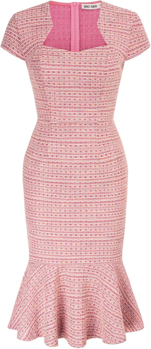 GRACE KARIN Womens Cocktail Dress Fishtail Tweed Bodycon Dresses | Cotton blend stretch fabric, Knee-Length, Cap sleeve, Zipper back, Sweetheart neck, Party wedding guest midi dress