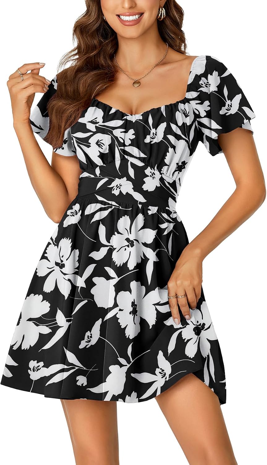 Rooscier Women's Tie Back Short Sleeve Mini Dress | Square Neck Wrap Ruffle Sleeve Flare Dresses
