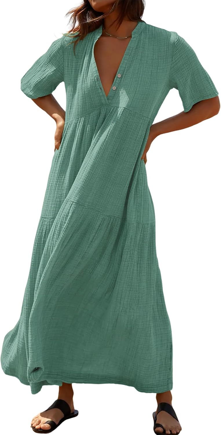 R.Vivimos Womens Summer Cotton Casual Flowy Maxi Dress | Short Sleeve, V Neck, Empire Waist, Boho Tiered Ruffle, Beach Vacation Loose Long Dresses