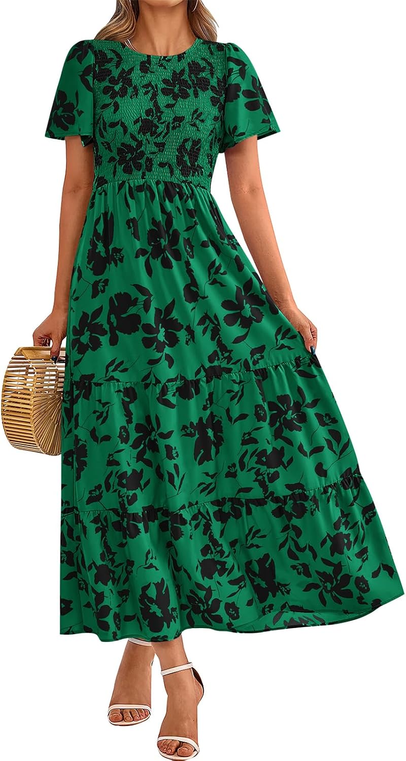 PRETTYGARDEN Women's 2026 Summer Casual Flutter Sleeve Floral Maxi Dress | Crew Neck Short Sleeve Dress, Smocked Top High Waisted Wedding Guest Dresses for Women, Tiered Hem Flowy Boho Long Dresses
