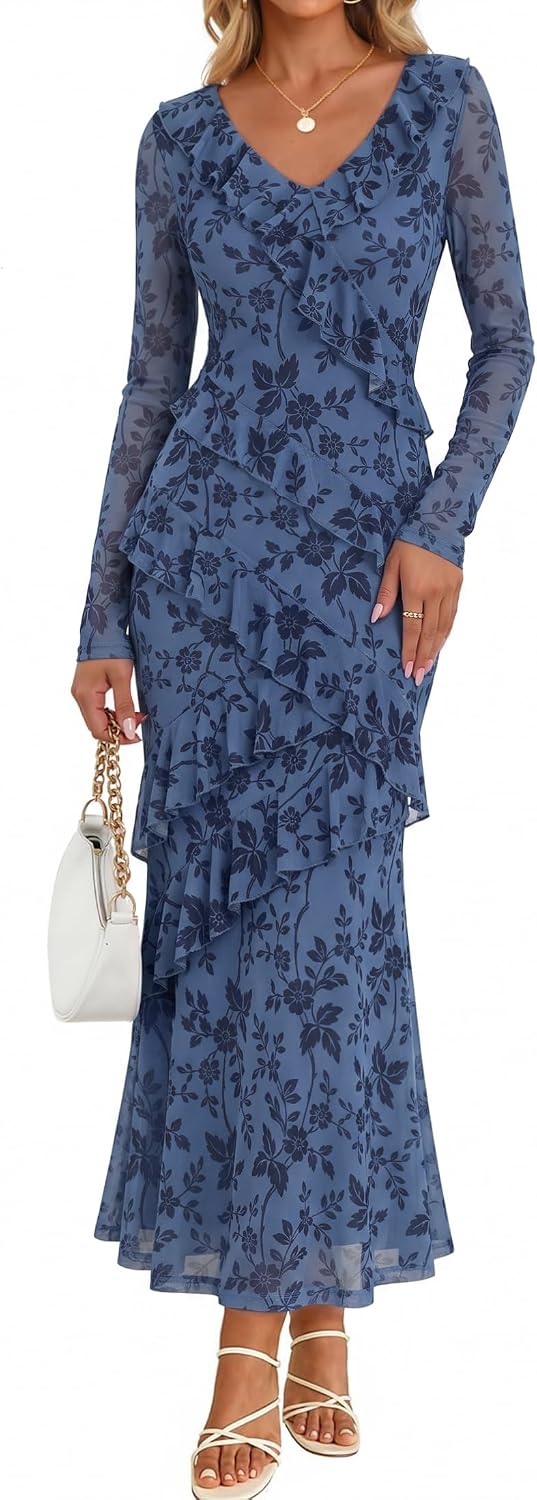 ZESICA Wedding Guest Dresses for Women Fall Long Sleeve Floral Maxi Dress | 2026 Early Fall Fashion, Bodycon, V Neck, Mesh Fabric, Tiered Ruffle, Boho Long Dress, Baby Shower, Cocktail, Bridal Dress