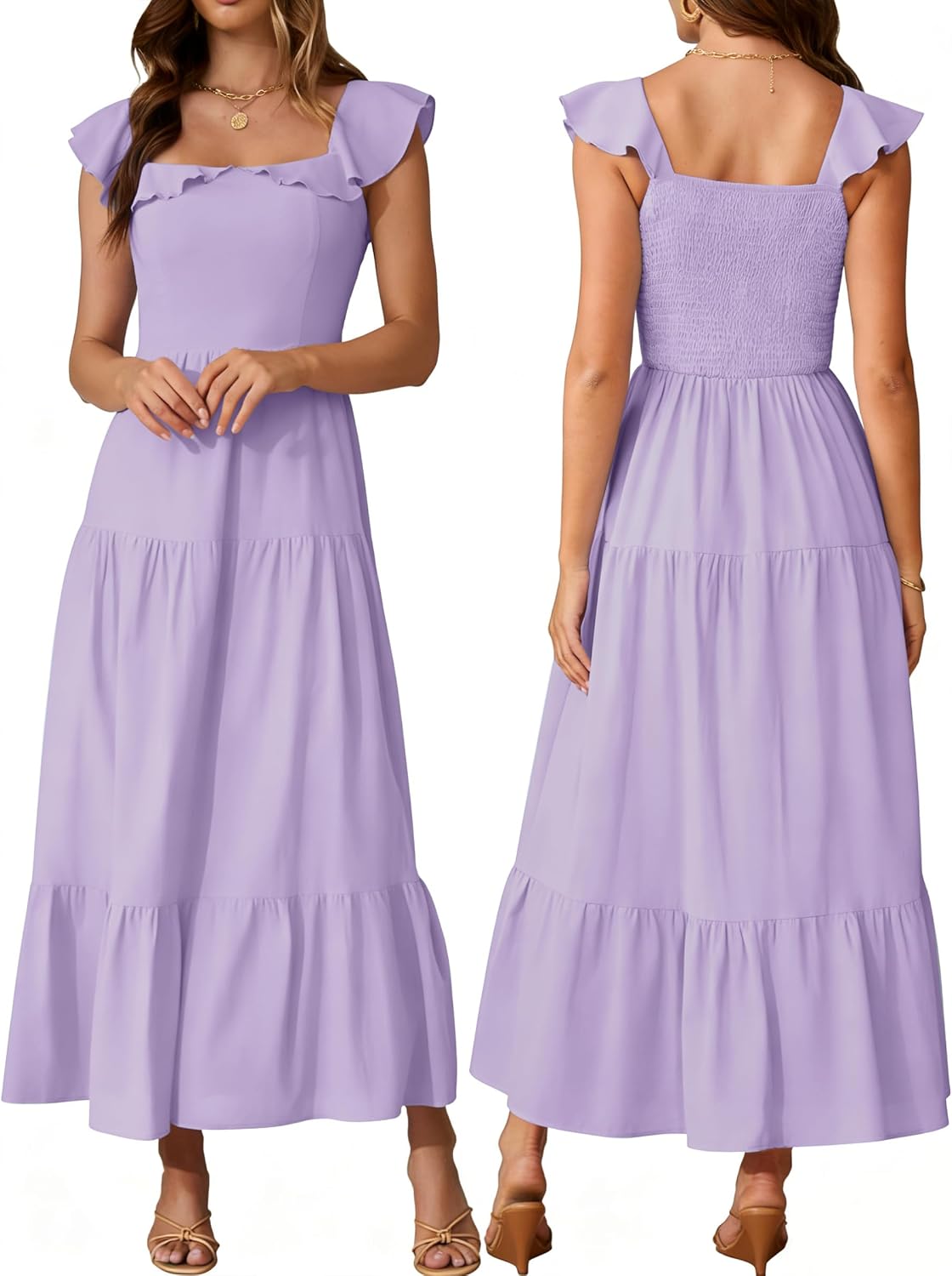 AUMORA Womens Summer Sleeveless Maxi Dress Square Neck | Smocked Backless, Ruffle Boho Flowy, A-Line Beach Dress, Vacation Resort Wear Outfits