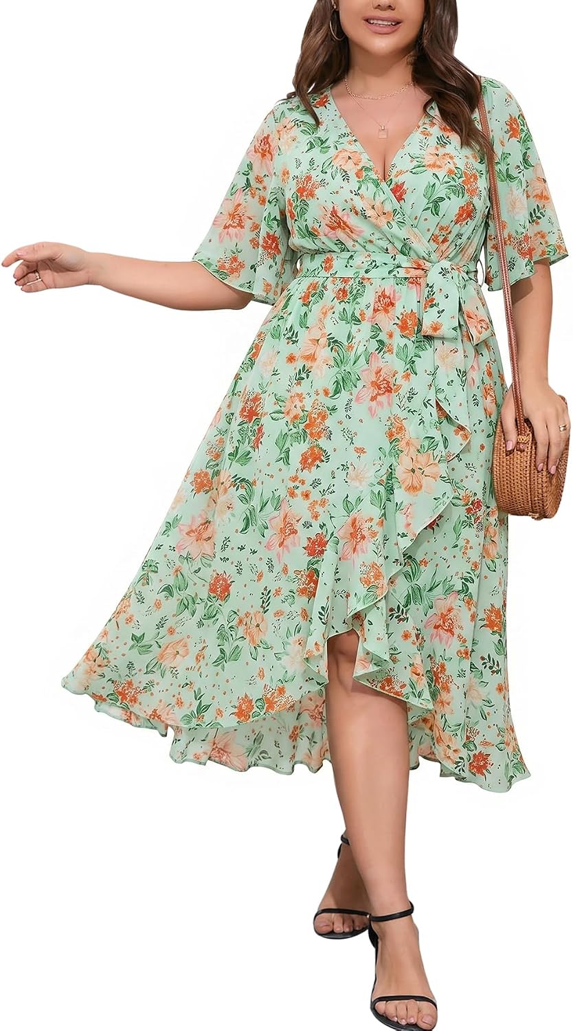 SCOMCHIC Women Plus Size Wedding Guest Maxi Dress | Short Sleeve, Wrap V Neck, High Low, Split, Ruffle Long Dress