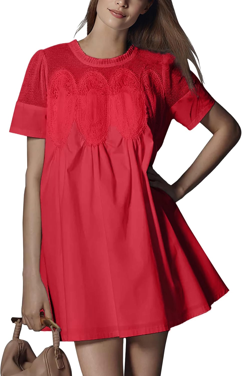 Shiyifa Womens Lace Babydoll Mini Dresses Summer Short Sleeve Sundress | A-Line Baby doll Dress with Lining, Sheer Mesh Patchwork, 2 Pockets, Boho Ruffled Sundress for Daily, Beach and Vacation