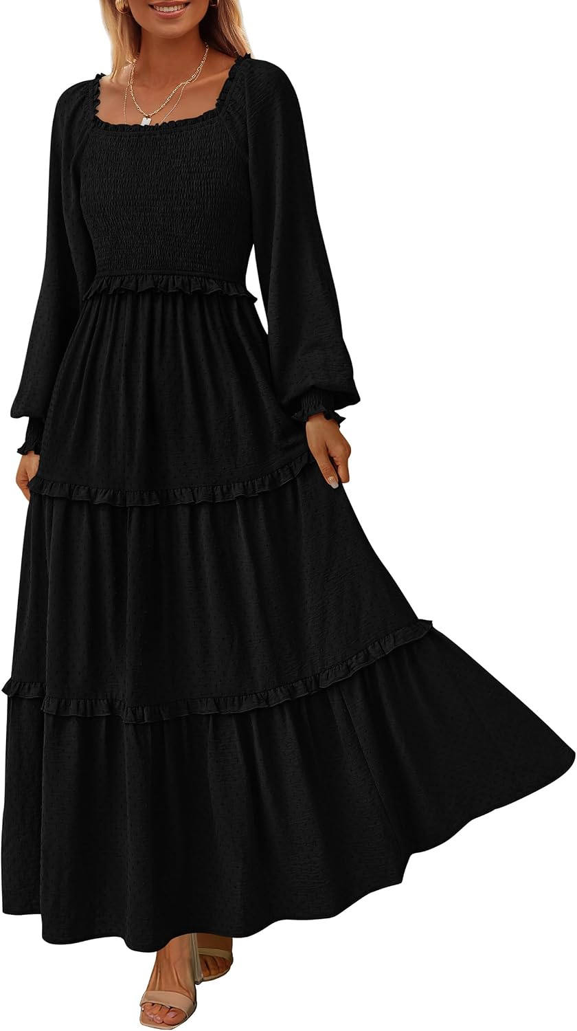 PRETTYGARDEN Women's Smocked Long Sleeve Maxi Dress Wedding Guest Dresses | Elegant Fall Vacation Outfits, Square Neck Swiss Dot, High Waist Tiered Ruffle, Pockets, Flowy Boho Spring Party Clothes