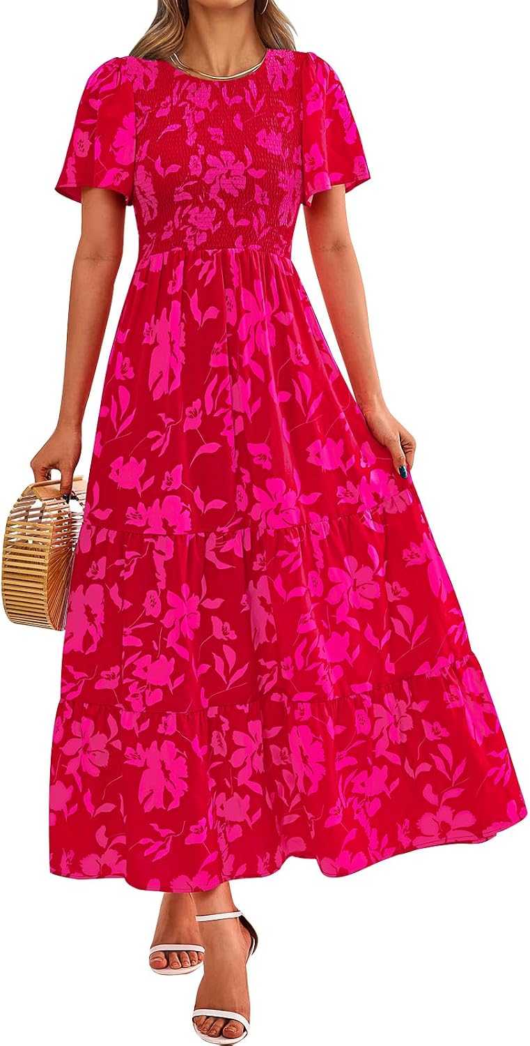 PRETTYGARDEN Women's 2026 Summer Casual Flutter Sleeve Floral Maxi Dress | Crew Neck Short Sleeve Dress, Smocked Top High Waisted Wedding Guest Dresses for Women, Tiered Hem Flowy Boho Long Dresses