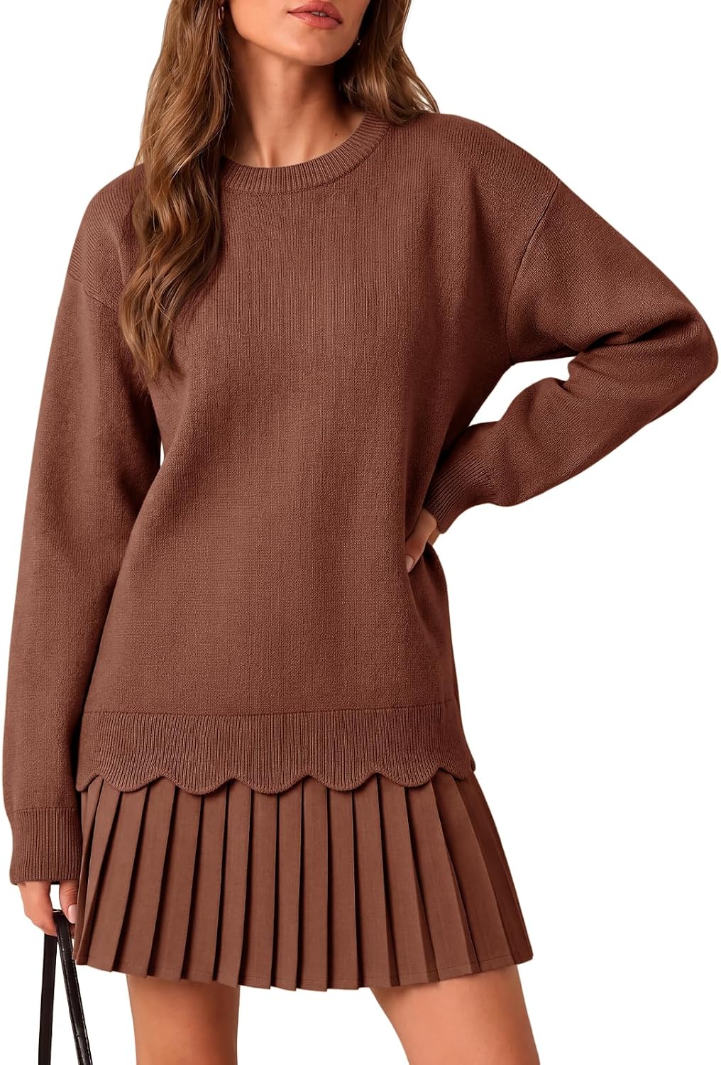 Saodimallsu Womens Pleated Sweater Dress Long Sleeve Crewneck Trendy Cute Loose Knit Fall Mini Dresses