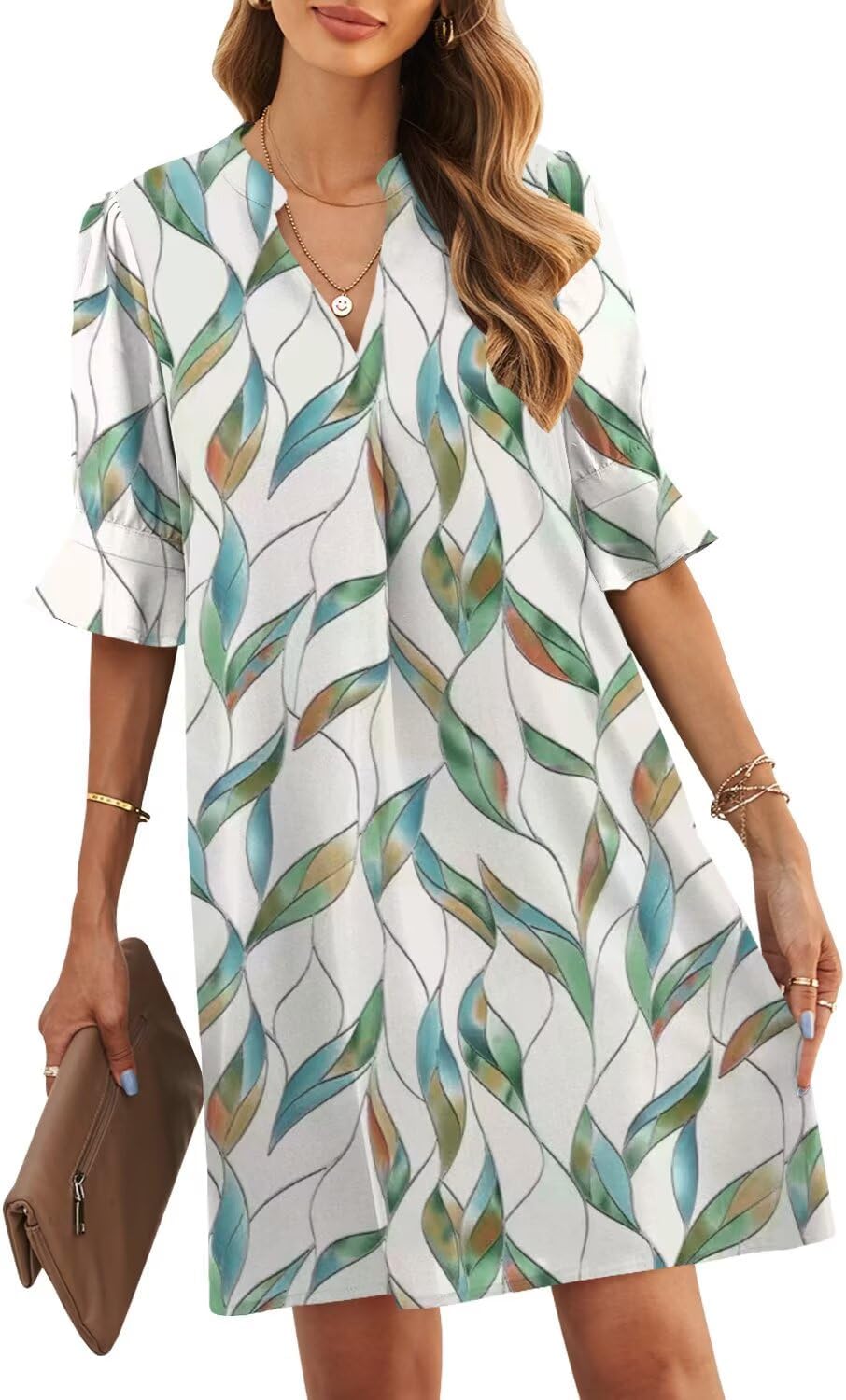 JOCAFIYE Womens Dresses Summer 2026 V-Neck Short Sleeve Dress Shift Dress | Ruffle Short Sleeve, V Neck,Shift Dresses, Floral Print,Mini Short Casual Dress for Graduation Party Date Night Teacher