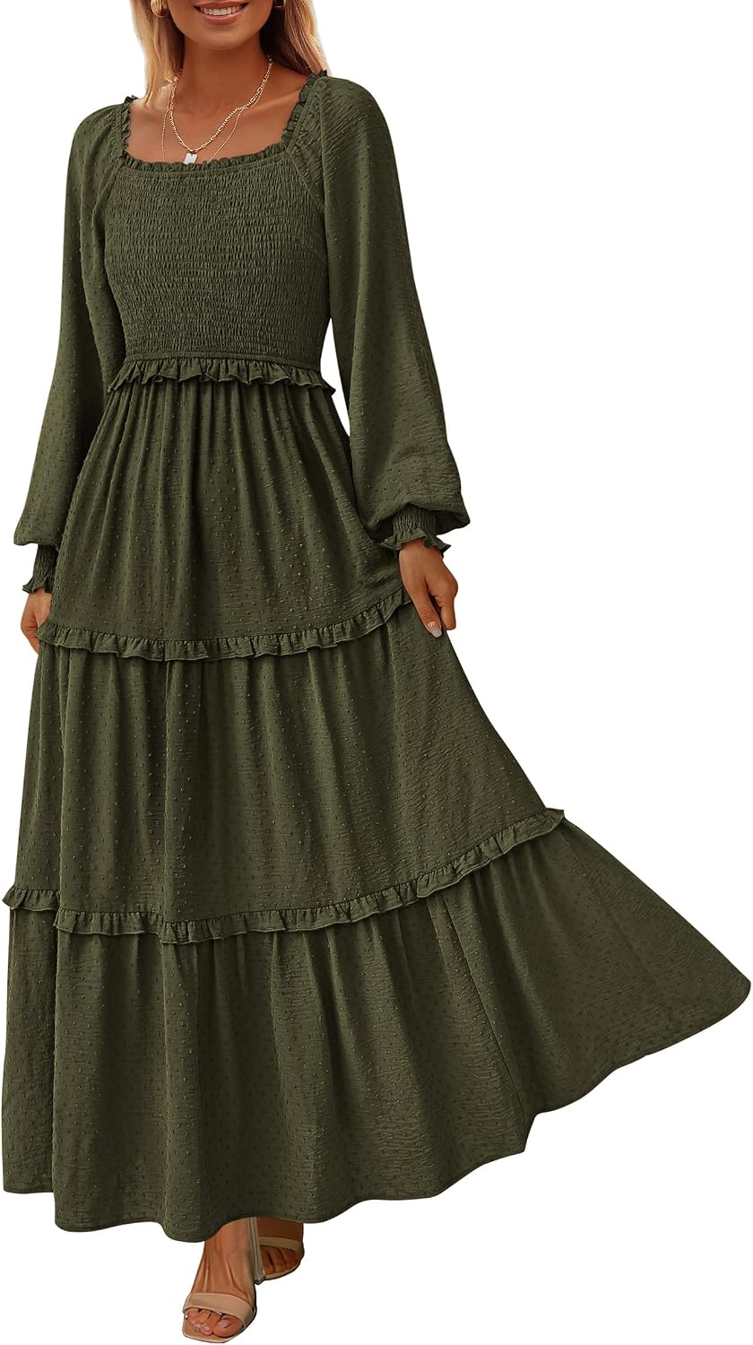 PRETTYGARDEN Women's Smocked Long Sleeve Maxi Dress Wedding Guest Dresses | Elegant Fall Vacation Outfits, Square Neck Swiss Dot, High Waist Tiered Ruffle, Pockets, Flowy Boho Spring Party Clothes